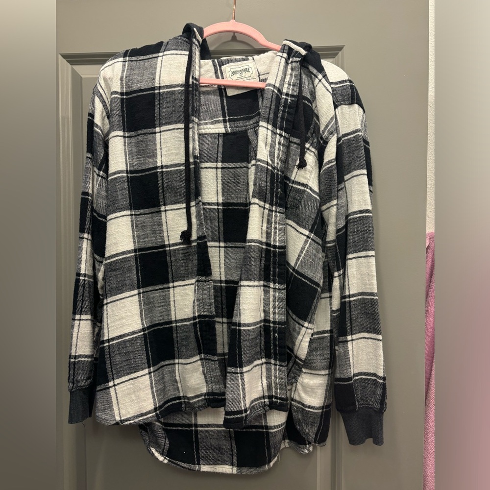 American Eagle Checkered Button Up with Hood